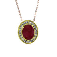 Esinti Oval Kolye - Kök yakut ve beyaz zirkon 8 ayar altın kolye (40 cm rose altın rolo zincir) #abd3gf