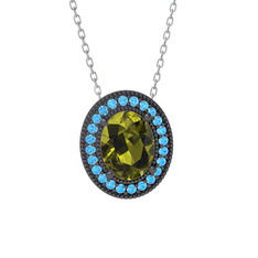 Esinti Oval Kolye - Peridot ve akuamarin 925 ayar siyah rodyum kaplama gümüş kolye (40 cm beyaz altın rolo zincir) #agv7a1