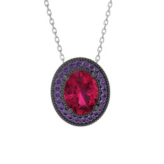 Esinti Oval Kolye - Rodolit garnet ve ametist 925 ayar siyah rodyum kaplama gümüş kolye (40 cm gümüş rolo zincir) #atbbsi