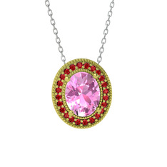 Pembe kuvars ve garnet 14 ayar altın kolye (40 cm beyaz altın rolo zincir)