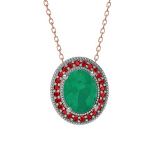 Kök zümrüt ve garnet 14 ayar beyaz altın kolye (40 cm rose altın rolo zincir)