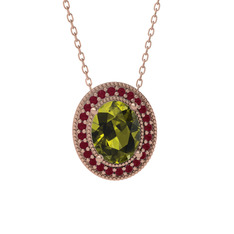 Peridot ve kök yakut 8 ayar rose altın kolye (40 cm rose altın rolo zincir)
