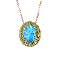 Esinti Oval Kolye - Akuamarin ve pırlanta 8 ayar altın kolye (0.264 karat, 40 cm rose altın rolo zincir) #bjzssk