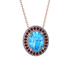 Esinti Oval Kolye - Akuamarin ve kök yakut 8 ayar beyaz altın kolye (40 cm rose altın rolo zincir) #bl2hvy