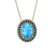 Akuamarin ve peridot 8 ayar beyaz altın kolye (40 cm rose altın rolo zincir)