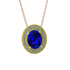 Esinti Oval Kolye - Lab safir ve pırlanta 14 ayar altın kolye (0.264 karat, 40 cm rose altın rolo zincir) #bqud06