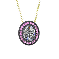 Esinti Oval Kolye - Beyaz zirkon ve pembe kuvars 925 ayar siyah rodyum kaplama gümüş kolye (40 cm altın rolo zincir) #ctzkap