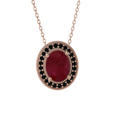 Esinti Oval Kolye - Kök yakut ve siyah zirkon 14 ayar rose altın kolye (40 cm rose altın rolo zincir) #d0cpks