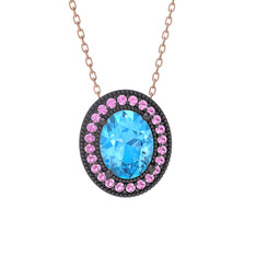 Esinti Oval Kolye - Akuamarin ve pembe kuvars 925 ayar siyah rodyum kaplama gümüş kolye (40 cm rose altın rolo zincir) #d3i0ph