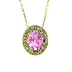 Esinti Oval Kolye - Pembe kuvars ve pırlanta 925 ayar altın kaplama gümüş kolye (0.264 karat, 40 cm altın rolo zincir) #d933cq