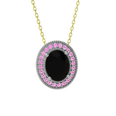 Esinti Oval Kolye - Siyah zirkon ve pembe kuvars 18 ayar beyaz altın kolye (40 cm altın rolo zincir) #de1hyv