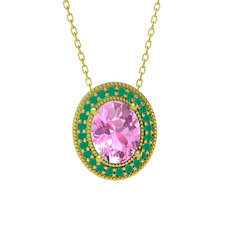 Esinti Oval Kolye - Pembe kuvars ve kök zümrüt 18 ayar altın kolye (40 cm altın rolo zincir) #dshg86