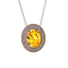 Esinti Oval Kolye - Sitrin ve beyaz zirkon 8 ayar rose altın kolye (40 cm beyaz altın rolo zincir) #e4ms4n