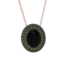 Esinti Oval Kolye - Siyah zirkon ve peridot 925 ayar siyah rodyum kaplama gümüş kolye (40 cm rose altın rolo zincir) #eefflr