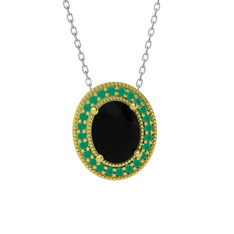 Siyah zirkon ve kök zümrüt 14 ayar altın kolye (40 cm beyaz altın rolo zincir)