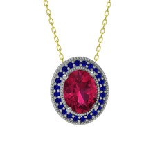 Rodolit garnet ve lab safir 925 ayar gümüş kolye (40 cm altın rolo zincir)