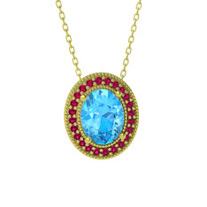 Esinti Oval Kolye - Akuamarin ve rodolit garnet 8 ayar altın kolye (40 cm altın rolo zincir) #exejh1
