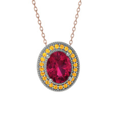 Esinti Oval Kolye - Rodolit garnet ve sitrin 18 ayar beyaz altın kolye (40 cm rose altın rolo zincir) #fbk7kx