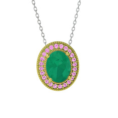 Esinti Oval Kolye - Kök zümrüt ve pembe kuvars 14 ayar altın kolye (40 cm beyaz altın rolo zincir) #fjix61