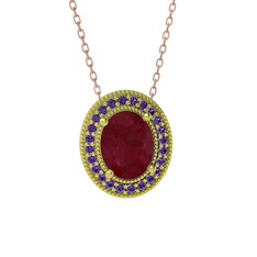 Esinti Oval Kolye - Kök yakut ve ametist 14 ayar altın kolye (40 cm rose altın rolo zincir) #fk5zle