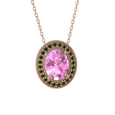 Pembe kuvars ve peridot 18 ayar rose altın kolye (40 cm rose altın rolo zincir)