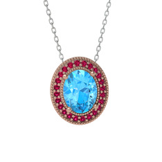Akuamarin ve rodolit garnet 18 ayar rose altın kolye (40 cm gümüş rolo zincir)