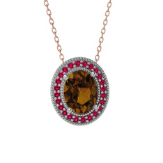 Esinti Oval Kolye - Dumanlı kuvars ve rodolit garnet 8 ayar beyaz altın kolye (40 cm gümüş rolo zincir) #foum0d