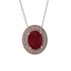 Esinti Oval Kolye - Kök yakut ve pırlanta 14 ayar rose altın kolye (0.264 karat, 40 cm beyaz altın rolo zincir) #g1awf8