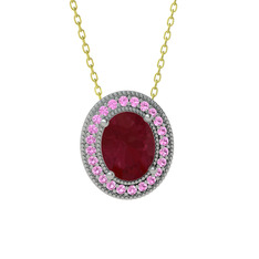 Kök yakut ve pembe kuvars 8 ayar beyaz altın kolye (40 cm altın rolo zincir)