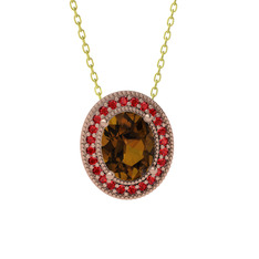 Dumanlı kuvars ve garnet 925 ayar rose altın kaplama gümüş kolye (40 cm altın rolo zincir)