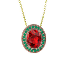 Garnet ve kök zümrüt 8 ayar rose altın kolye (40 cm gümüş rolo zincir)