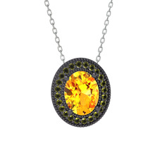 Sitrin ve peridot 925 ayar siyah rodyum kaplama gümüş kolye (40 cm beyaz altın rolo zincir)