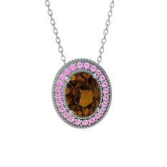 Esinti Oval Kolye - Dumanlı kuvars ve pembe kuvars 8 ayar beyaz altın kolye (40 cm gümüş rolo zincir) #hp077y