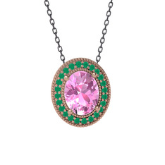 Esinti Oval Kolye - Pembe kuvars ve kök zümrüt 14 ayar rose altın kolye (40 cm gümüş rolo zincir) #iy0ov