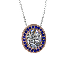 Esinti Oval Kolye - Beyaz zirkon ve lab safir 8 ayar rose altın kolye (40 cm beyaz altın rolo zincir) #j433a