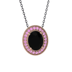 Siyah zirkon ve pembe kuvars 8 ayar rose altın kolye (40 cm gümüş rolo zincir)