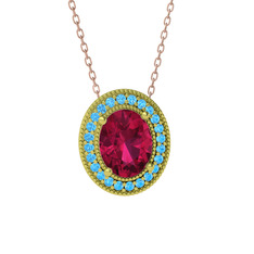 Rodolit garnet ve akuamarin 14 ayar altın kolye (40 cm rose altın rolo zincir)