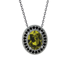 Peridot ve siyah zirkon 8 ayar beyaz altın kolye (40 cm gümüş rolo zincir)