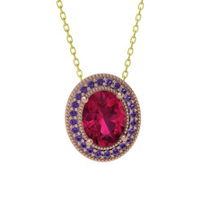 Esinti Oval Kolye - Rodolit garnet ve ametist 14 ayar rose altın kolye (40 cm altın rolo zincir) #l4pu3h