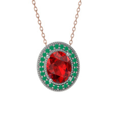 Garnet ve kök zümrüt 925 ayar gümüş kolye (40 cm rose altın rolo zincir)