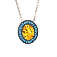 Esinti Oval Kolye - Sitrin ve akuamarin 925 ayar siyah rodyum kaplama gümüş kolye (40 cm rose altın rolo zincir) #m0upze