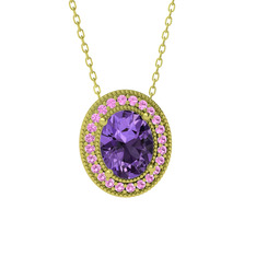 Esinti Oval Kolye - Ametist ve pembe kuvars 18 ayar altın kolye (40 cm altın rolo zincir) #m1gn5l