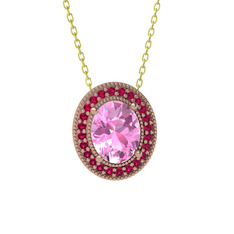 Pembe kuvars ve rodolit garnet 18 ayar rose altın kolye (40 cm gümüş rolo zincir)