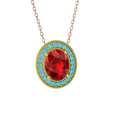 Esinti Oval Kolye - Garnet ve akuamarin 18 ayar altın kolye (40 cm rose altın rolo zincir) #mdplnx