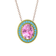 Esinti Oval Kolye - Pembe kuvars ve akuamarin 14 ayar altın kolye (40 cm rose altın rolo zincir) #n1w21t