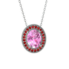 Esinti Oval Kolye - Pembe kuvars ve garnet 14 ayar beyaz altın kolye (40 cm beyaz altın rolo zincir) #nfsimh