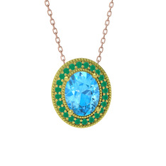 Esinti Oval Kolye - Akuamarin ve kök zümrüt 925 ayar altın kaplama gümüş kolye (40 cm rose altın rolo zincir) #nk2nyb