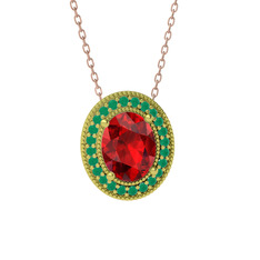 Esinti Oval Kolye - Garnet ve kök zümrüt 18 ayar altın kolye (40 cm rose altın rolo zincir) #nzytuh