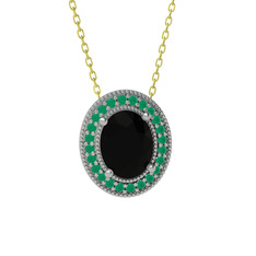 Esinti Oval Kolye - Siyah zirkon ve kök zümrüt 8 ayar beyaz altın kolye (40 cm altın rolo zincir) #ormcnt