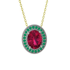 Esinti Oval Kolye - Rodolit garnet ve kök zümrüt 925 ayar gümüş kolye (40 cm altın rolo zincir) #p8wox1